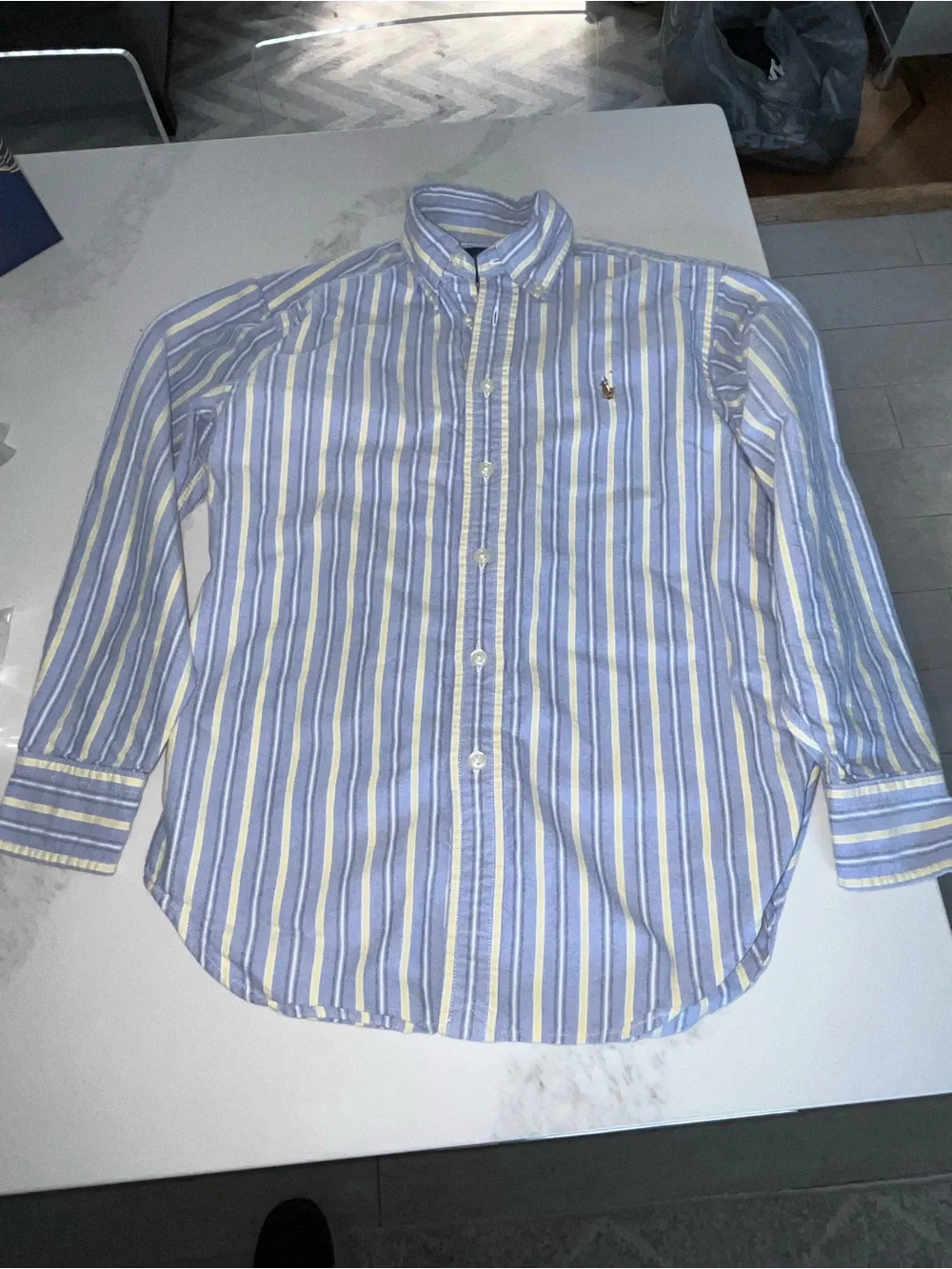 Boys Ralph Lauren blue and yellow striped button down shirt.  Size small or 8.